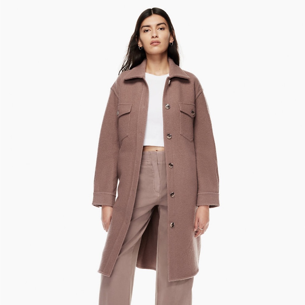aritzia ganna long shirt jacket in taupe sz small